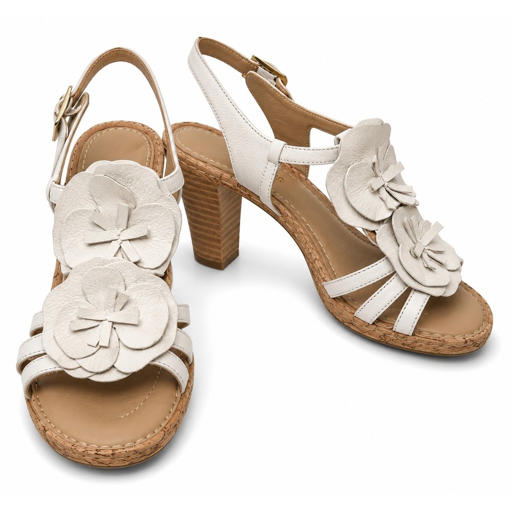 Born Crown Womens T-Strap Sandals Heels Size 9M White Leather Floral Accent